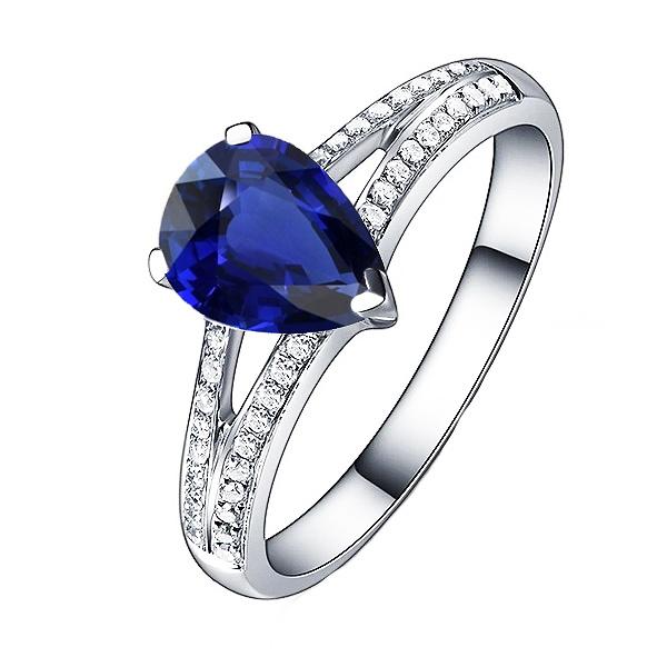 67028 3 CT Blue Sapphire Split Shank Diamond Ring, 14K White Gold - Size 6.5