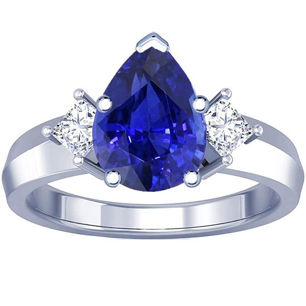 67029 3 CT 3 Stone Pear Blue Sapphire & Princess Diamonds Ring, 14K Gold - Size 6.5