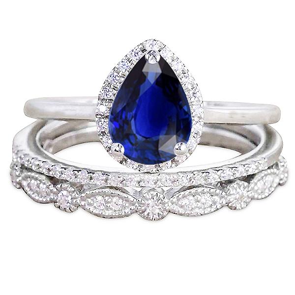 67030 3.50 CT Vintage Style Halo Wedding Ring Pear Cut Blue Sapphire Set, Size 6.5
