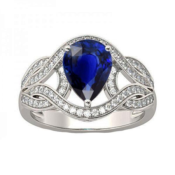 67034 3 CT Diamond Pear Vintage Style Ceylon Sapphire Gemstone Ring, Gold - Size 6.5