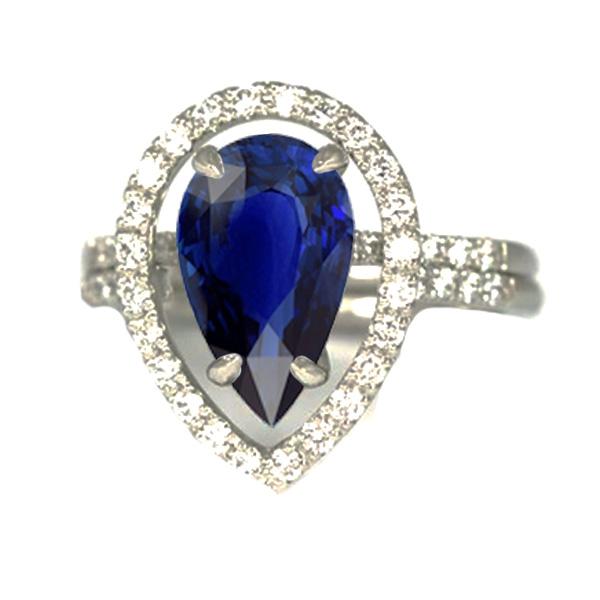 67037 4 CT Gold Diamond Halo Set Pear Blue Sapphire Center Wedding Ring, Size 6.5