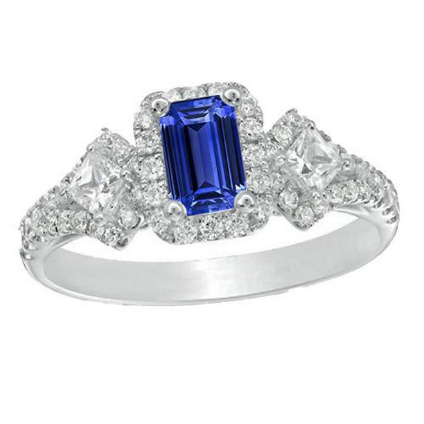 67046 4 CT Halo Emerald Blue 3 Stone Style & Diamonds Sapphire Ring, Size 6.5