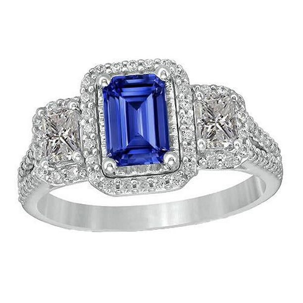 67049 3.50 CT Double Halo Blue Radiant & Round Diamonds Sapphire Ring, Size 6.5