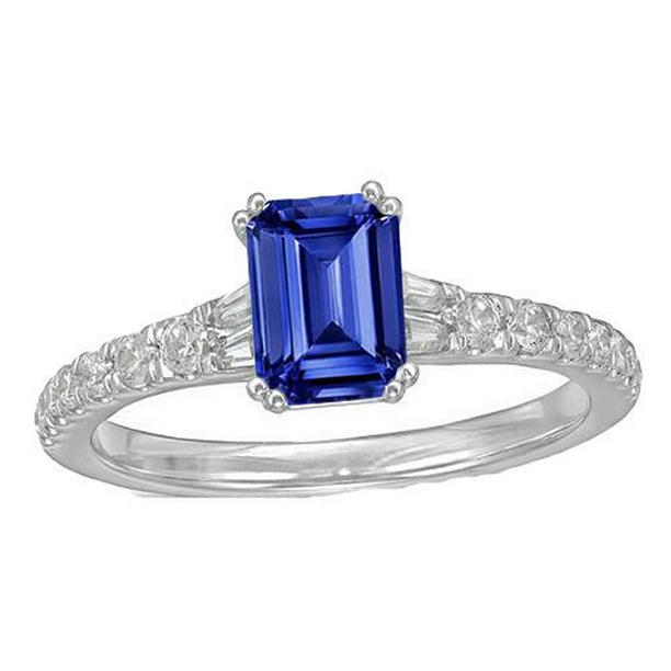 3.50 CT Gemstone Blue Baguette & Round Accents Sapphire Ring, Size 6.5