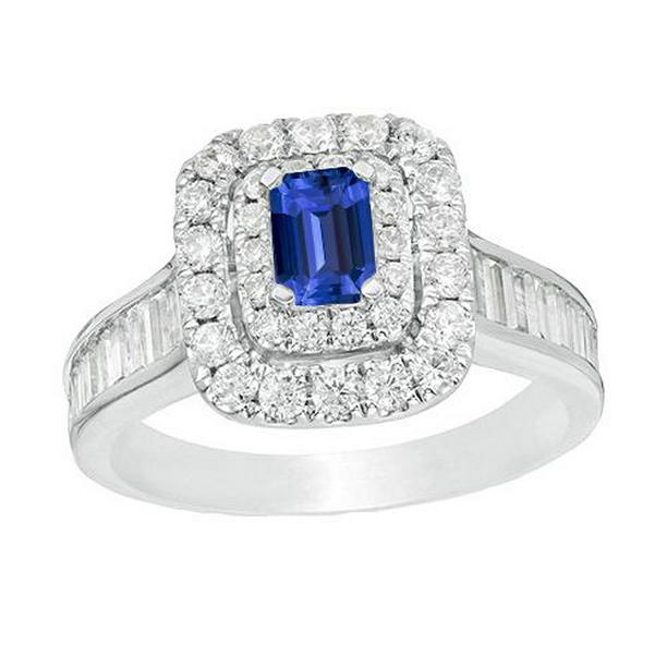 67051 3 CT Diamond Halo Ceylon Round & Baguette Accented Sapphire Ring, Size 6.5