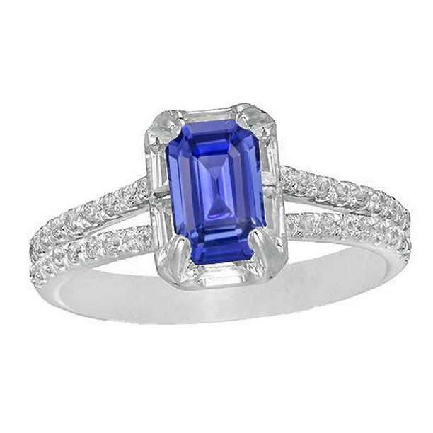 67053 3 CT Halo Split Shank Sri Lankan Sapphire & Diamonds Wedding Ring, Size 6.5