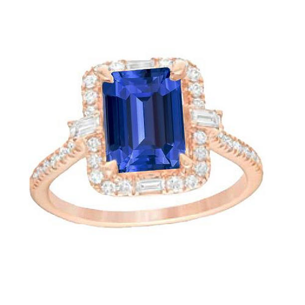 67054 3 CT Halo Rose Gold Emerald Blue Sapphire & Diamonds Ring, Size 6.5