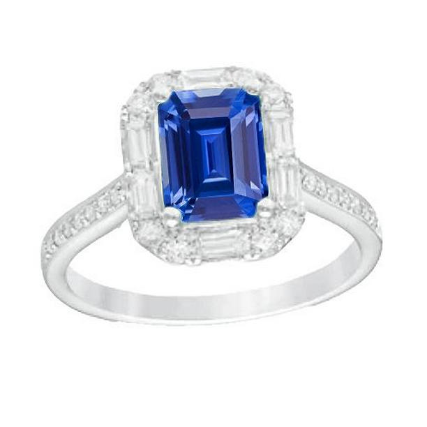67055 3 CT Halo Blue Baguette & Round Diamond Sapphire Ring, Size 6.5