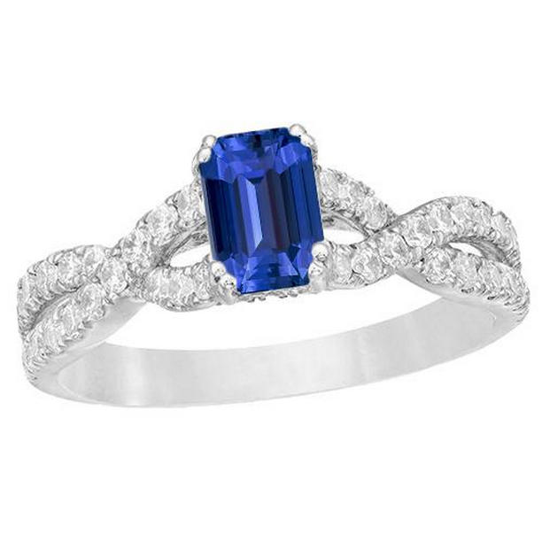 67057 3 CT Gold Diamond Emerald Cut Blue Sapphire Gemstone Wedding Ring, Size 6.5