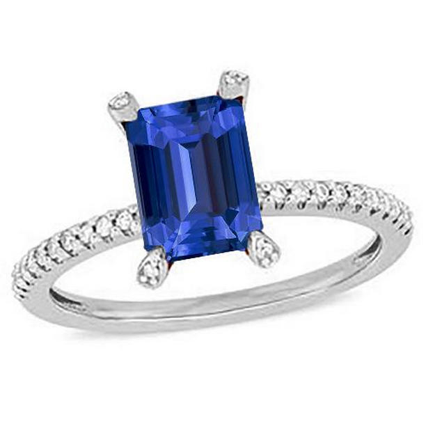 67060 3 CT Gemstone Emerald Blue Sapphire Ring & Pave Set Diamonds, Size 6.5