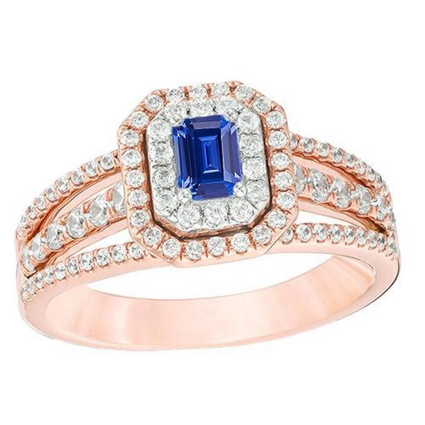 67061 3 CT Double Halo Blue Sapphire Gemstone Wedding Ring, 14K Rose Gold - Size 6.5
