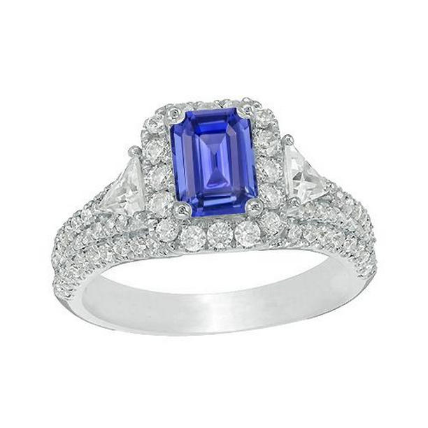 67062 3.50 CT Halo Blue 3 Stone Style Emerald & Diamonds Sapphire Ring, Size 6.5