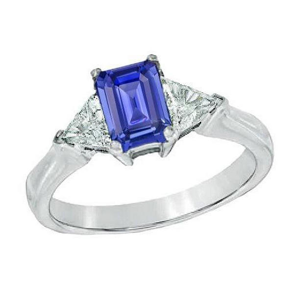 67068 2 CT 3 Stone Emerald Blue Sapphire Ring & Trillion Pair Diamonds, Size 6.5