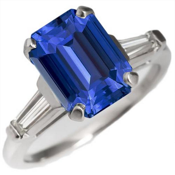 3.50 CT Womens Gold 3 Stone Emerald Blue Sapphire & Baguette Ring, Size 6.5
