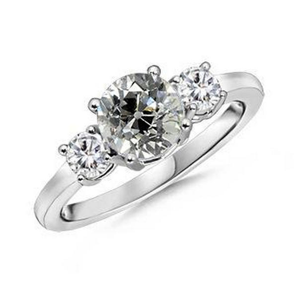 67521 2 CT Three Stone Old Cut Round Diamond Ring, 14K White Gold - Size 6.5