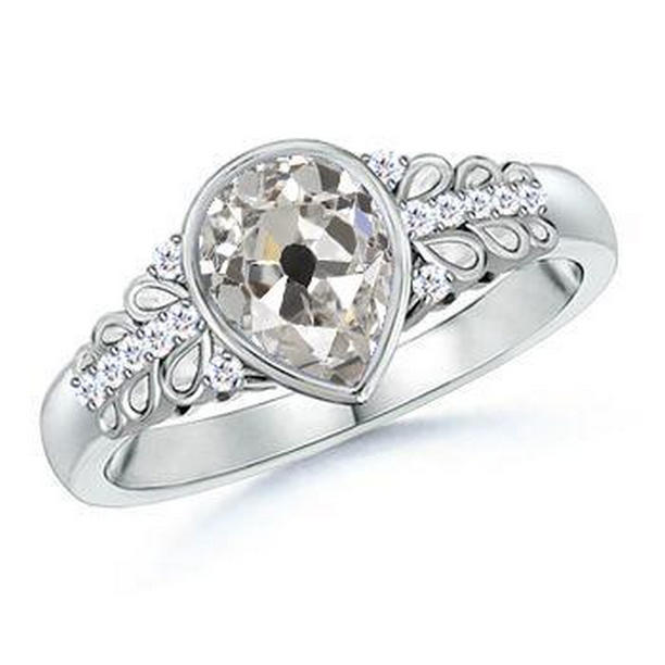 67522 White Gold Old Cut Pear Diamond 1.50 CT Leaf Style Anniversary Ring, Size 6.5