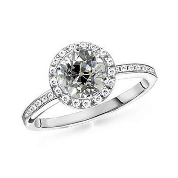 Round Diamond Old Mine Cut 2 CT Accented Gold Halo Ring, Size 6.5