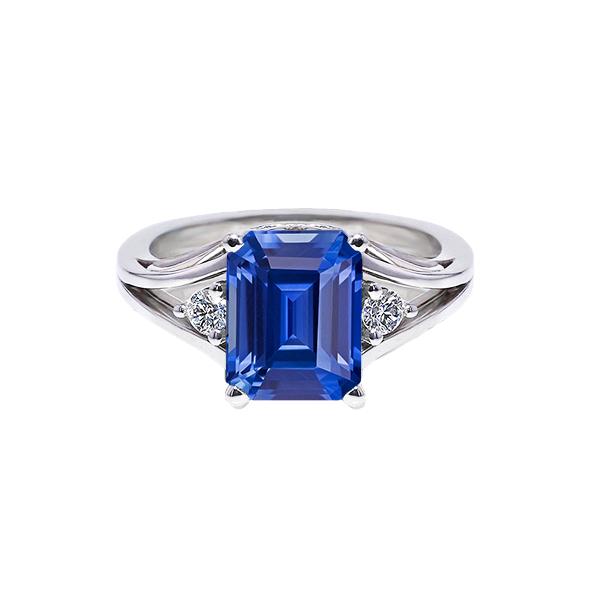 67527 Gold Three Stone Emerald Blue 2.50 CT Split Shank Sapphire Ring, Size 6.5
