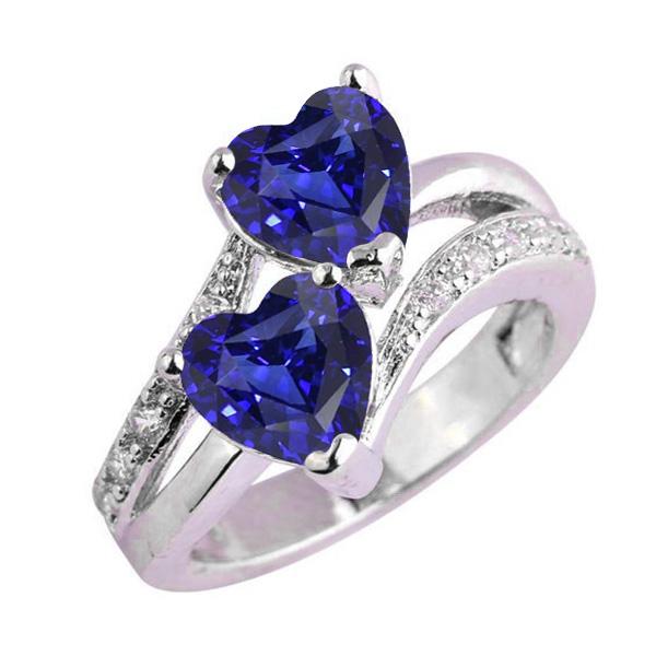 Picture of Harry Chad Enterprises 67529 3.50 CT Heart Blue Sapphire 2 Stone Split Shank Diamond Ring&#44; Size 6.5
