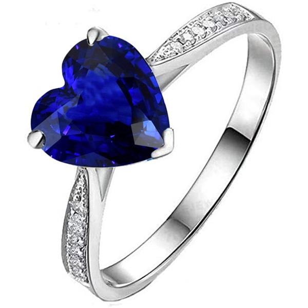 67541 3.50 CT Diamond Solitaire with Accents Heart Ceylon Sapphire Ring, Size 6.5