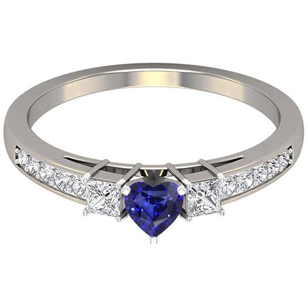 67548 2 CT Blue Sapphire Diamond Heart Cut Ring & Princess Diamonds, Size 6.5