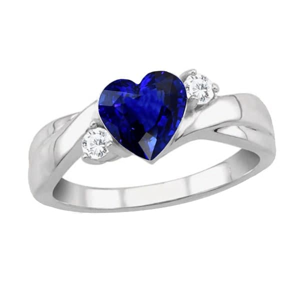 67549 1.75 CT 3 Stone Blue Sapphire Heart & Round Diamonds Wedding Ring, Size 6.5