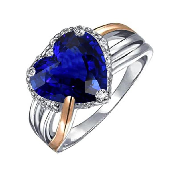 Picture of Harry Chad Enterprises 67552 4 CT Two Tone Halo Heart Ceylon Triple Shank Sapphire Ring&#44; Size 6.5