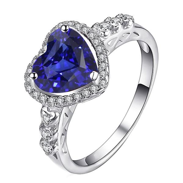 67555 3.50 CT Ceylon Sapphire Halo Heart Shaped Ring & Accented Diamonds, Size 6.5