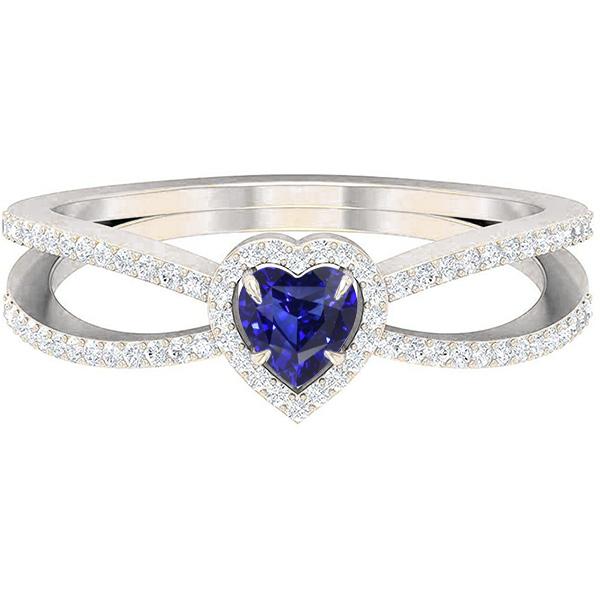 67559 Diamond Set Heart Blue Sapphire 2.50 CT Split Shank Wedding Ring, Size 6.5