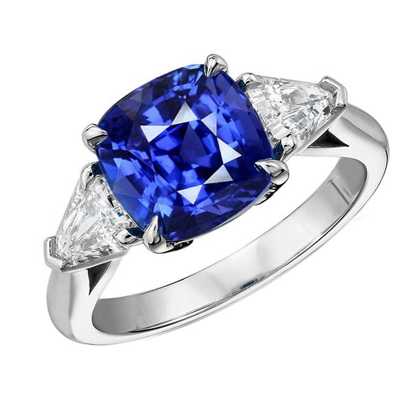 67970 3.50 CT Three Stone Cushion Sapphire with Trillion Diamonds Ring, Gold - Size 6.5