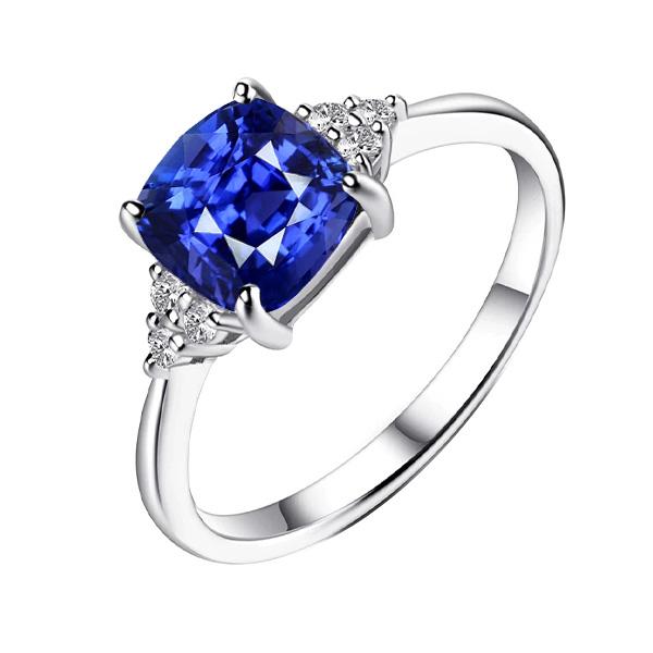 67985 Gemstone Cushion 2.50 CT Small Round Diamond Sapphire Ring, Size 6.5