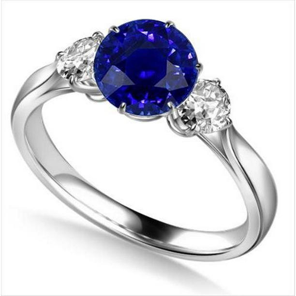 2.25 CT Round Diamond Three Stone Natural Blue Sapphire Ring, Size 6.5