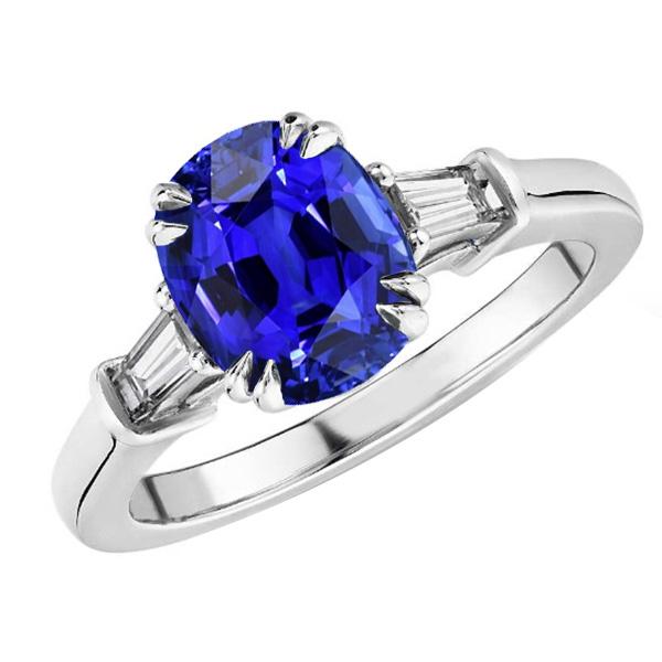 67991 3.25 CT Three Stone Oval Blue Sapphire Ring with Baguette Diamond, Size 6.5