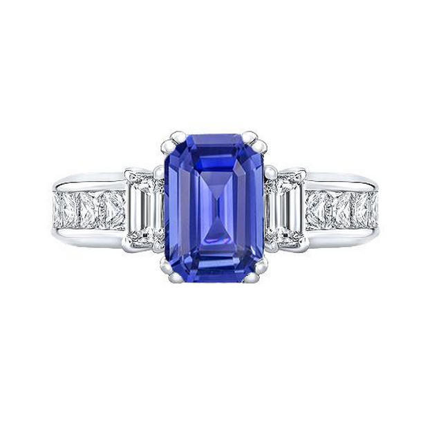 68001 3 CT Princess & Emerald Diamond Blue Sapphire Anniversary Ring, Size 6.5