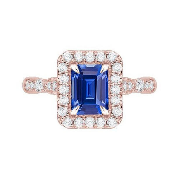 68003 Blue Sapphire 3 CT Emerald Cut Rose Gold Milgrain Engagement Ring, Size 6.5