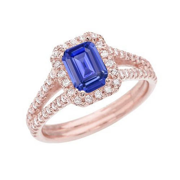 68006 3 CT Rose Gold Halo Diamond Emerald Sapphire Split Shank Ring, Size 6.5