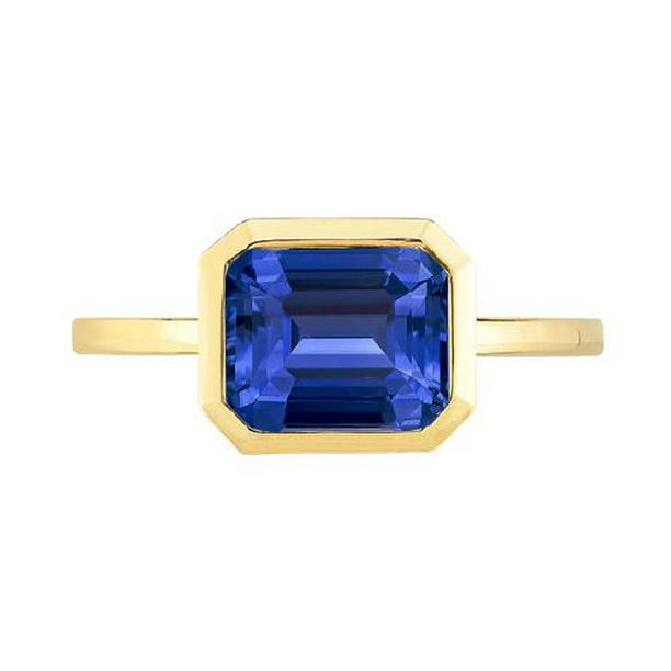 68011 2 CT Emerald Solitaire Ceylon Sapphire Bezel Set Ring, Yellow Gold - Size 6.5