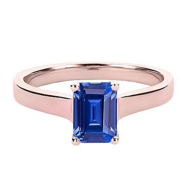 68016 2 CT Rose Gold Emerald Ceylon Blue Sapphire Solitaire Ring, Size 6.5