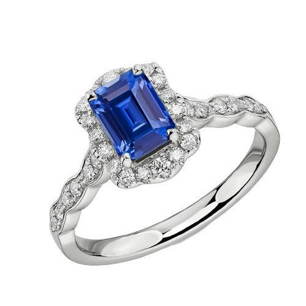 68020 3 CT Emerald Solitaire Sapphire Ring with Flower Style Accents, Size 6.5