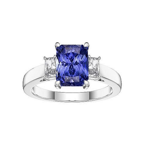 68428 1.75 CT Radiant Diamond Three Stone Ceylon Sapphire Ladies Ring, Size 6.5