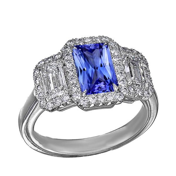 68436 Halo Engagement Blue 4.50 CT Emerald & Round Diamond Sapphire Ring, Size 6.5