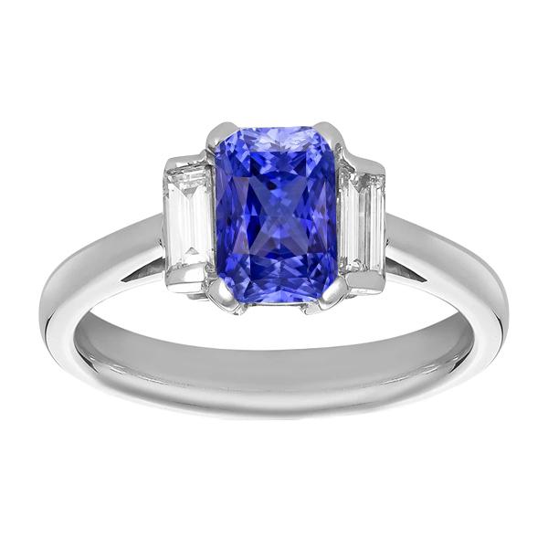 68437 Sapphire & Baguette Diamond 3 CT Cathedral Setting Anniversary Ring, Size 6.5