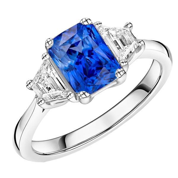 68446 3 CT Diamond 3 Stone Trapezoid Stones Tapered Shank Sapphire Ring, Size 6.5