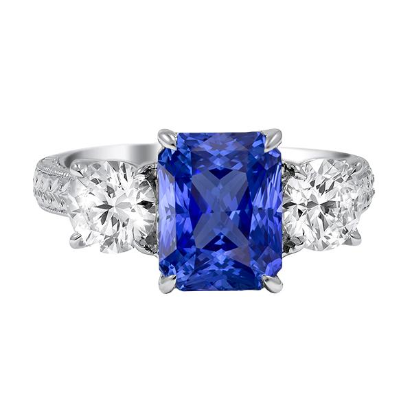 68449 Round Diamond 3 Stone Ceylon Sapphire 3.50 CT Milgrain Ring, Gold - Size 6.5