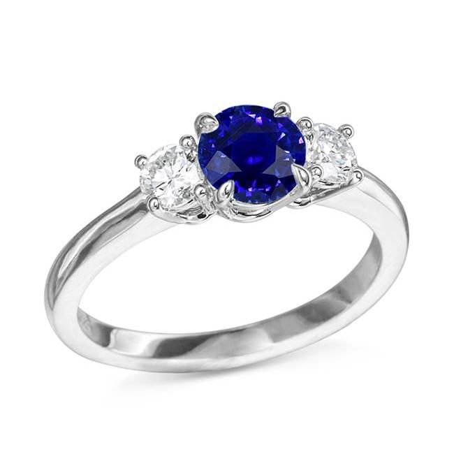 68452 2 CT White Gold Three Stone Ceylon Sapphire Ring & Round Diamonds, Size 6.5