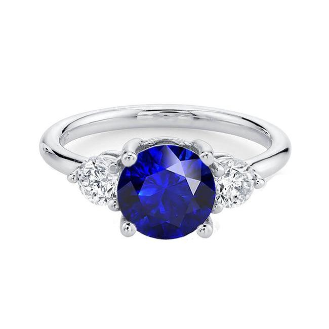68454 2.50 CT Round Diamond Three Stone Deep Blue Sapphire Ring, Size 6.5