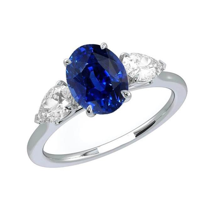 68455 3 CT Pear Diamond Three Stone Oval Deep Blue Sapphire Ring, Size 6.5
