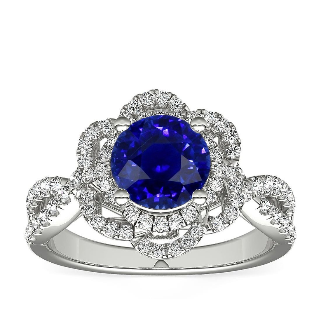 68456 Double Halo Round Blue Flower Style 5 CT Split Shank Sapphire Ring, Size 6.5