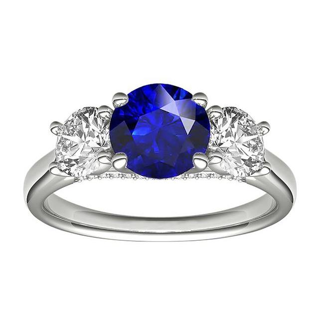 2.50 CT Three Stone Round Blue Sapphire Ring & Round Diamonds, Size 6.5