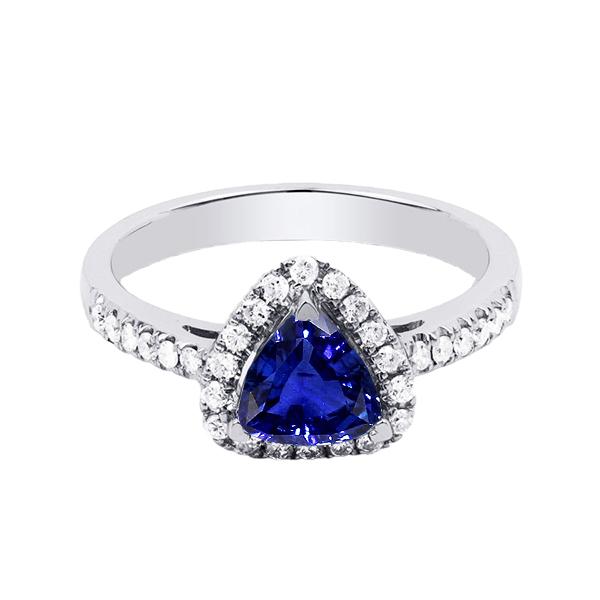 2 CT Halo Trillion Diamond Deep Blue Sapphire Ring, Gold - Size 6.5